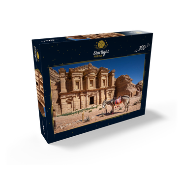 Donkey in front of the Monastery Ad-Deir (Al-Deir, El-Deir, Ed-Deir), ancient rock city of Petra, Jordan 100 Jigsaw Puzzle box view1