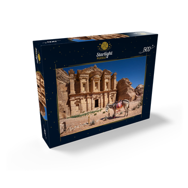 Donkey in front of the Monastery Ad-Deir (Al-Deir, El-Deir, Ed-Deir), ancient rock city of Petra, Jordan 500 Jigsaw Puzzle box view1