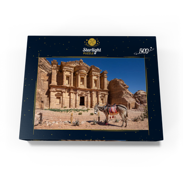 Donkey in front of the Monastery Ad-Deir (Al-Deir, El-Deir, Ed-Deir), ancient rock city of Petra, Jordan 500 Jigsaw Puzzle box view1