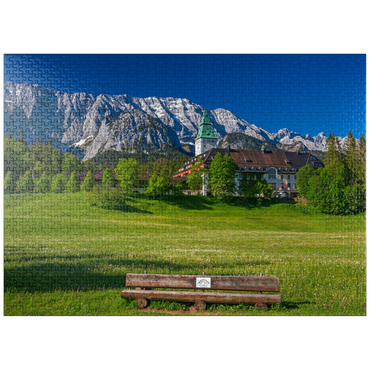 puzzleplate Hotel Schloss Elmau with the G7 summit bench against Wettersteinwand near Klais 1000 Jigsaw Puzzle