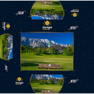 Hotel Schloss Elmau with the G7 summit bench against Wettersteinwand near Klais 1000 Jigsaw Puzzle box 3D Modell