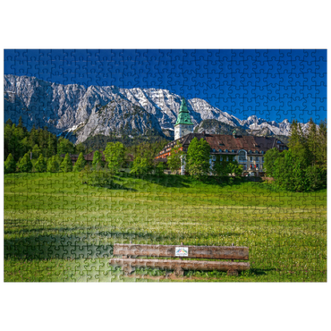 puzzleplate Hotel Schloss Elmau with the G7 summit bench against Wettersteinwand near Klais 500 Jigsaw Puzzle