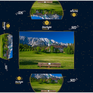 Hotel Schloss Elmau with the G7 summit bench against Wettersteinwand near Klais 500 Jigsaw Puzzle box 3D Modell