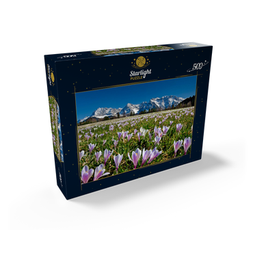 Crocus meadow near Gerold with Karwendel mountains, Upper Bavaria 500 Jigsaw Puzzle box view1