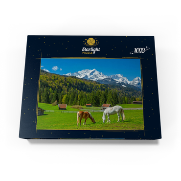 Horses near Kaltenbrunn against Zugspitzgruppe (2962m), Garmisch-Partenkirchen 1000 Jigsaw Puzzle box view1