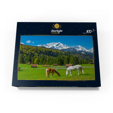 Horses near Kaltenbrunn against Zugspitzgruppe (2962m), Garmisch-Partenkirchen 100 Jigsaw Puzzle box view1