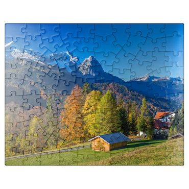 puzzleplate View from the Pfeiffer-Alm to the Zugspitzgruppe (2962m), Garmisch-Partenkirchen 100 Jigsaw Puzzle