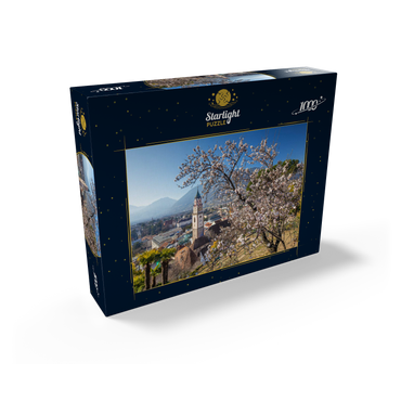 Blossoming almond tree with view from Tappeinerweg to the old town with the parish church of St. Nicholas 1000 Jigsaw Puzzle box view1