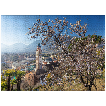 puzzleplate Blossoming almond tree with view from Tappeinerweg to the old town with the parish church of St. Nicholas 1000 Jigsaw Puzzle