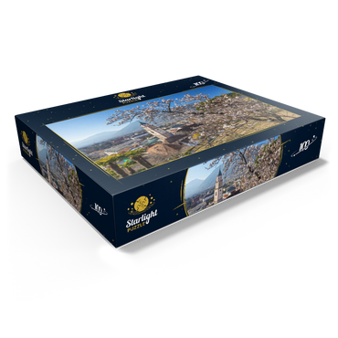 Blossoming almond tree with view from Tappeinerweg to the old town with the parish church of St. Nicholas 100 Jigsaw Puzzle box view1