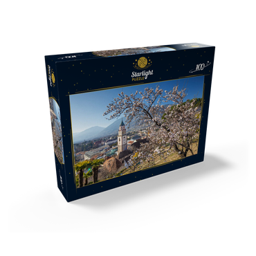 Blossoming almond tree with view from Tappeinerweg to the old town with the parish church of St. Nicholas 100 Jigsaw Puzzle box view1