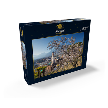 Blossoming almond tree with view from Tappeinerweg to the old town with the parish church of St. Nicholas 500 Jigsaw Puzzle box view1