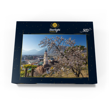 Blossoming almond tree with view from Tappeinerweg to the old town with the parish church of St. Nicholas 500 Jigsaw Puzzle box view1