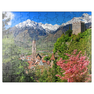 puzzleplate Old town with parish church and powder tower against Texelgruppe, Meran 100 Jigsaw Puzzle