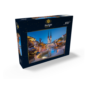 Göbel fountain at the Hallmarkt with the market church St. Marien, Marienkirche 1000 Jigsaw Puzzle box view1