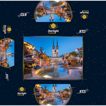 Göbel fountain at the Hallmarkt with the market church St. Marien, Marienkirche 1000 Jigsaw Puzzle box 3D Modell