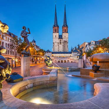 Göbel fountain at the Hallmarkt with the market church St. Marien, Marienkirche 100 Jigsaw Puzzle 3D Modell