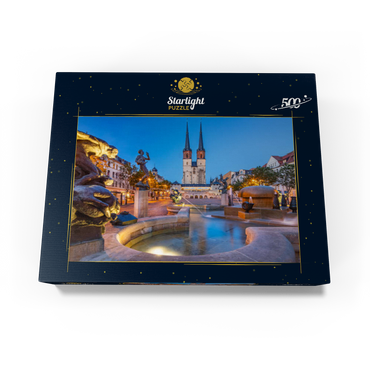 Göbel fountain at the Hallmarkt with the market church St. Marien, Marienkirche 500 Jigsaw Puzzle box view1