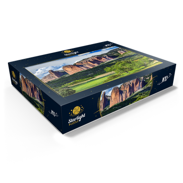 Rock formation Los Mallos de Riglos at the mountain village Riglos in Sierra de Loarre 100 Jigsaw Puzzle box view1