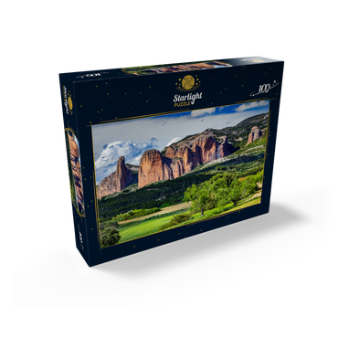 Rock formation Los Mallos de Riglos at the mountain village Riglos in Sierra de Loarre 100 Jigsaw Puzzle box view1