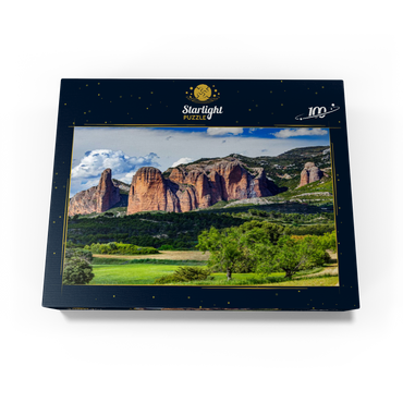 Rock formation Los Mallos de Riglos at the mountain village Riglos in Sierra de Loarre 100 Jigsaw Puzzle box view1