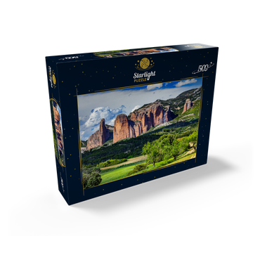 Rock formation Los Mallos de Riglos at the mountain village Riglos in Sierra de Loarre 500 Jigsaw Puzzle box view1