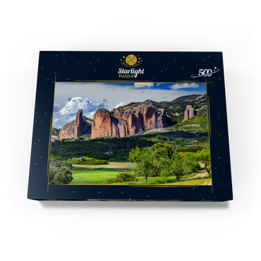 Rock formation Los Mallos de Riglos at the mountain village Riglos in Sierra de Loarre 500 Jigsaw Puzzle box view1