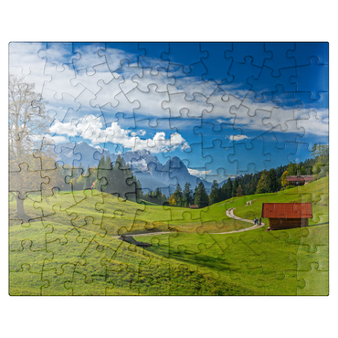 puzzleplate At the mountain inn Gschwandtnerbauer (1020m) against Zugspitzgruppe (2962m), Garmisch-Partenkirchen 100 Jigsaw Puzzle