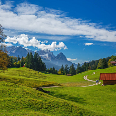 At the mountain inn Gschwandtnerbauer (1020m) against Zugspitzgruppe (2962m), Garmisch-Partenkirchen 100 Jigsaw Puzzle 3D Modell