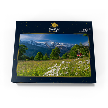 Isenfluh, hamlet Sulwald mountain station of the cable car against Eiger, Mönch and Jungfrau 100 Jigsaw Puzzle box view1