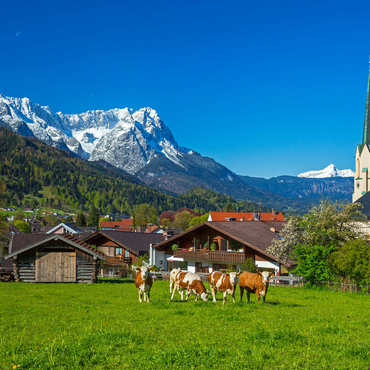 Partenkirchen district with Maria Himmelfahrt parish church against Zugspitz group 1000 Jigsaw Puzzle 3D Modell