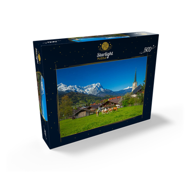 Partenkirchen district with Maria Himmelfahrt parish church against Zugspitz group 500 Jigsaw Puzzle box view1