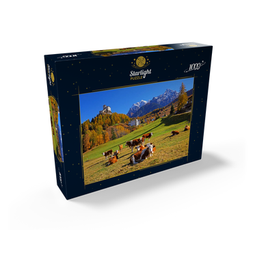 Cows on pasture with view to Tarasp Castle, Grisons, Switzerland 1000 Jigsaw Puzzle box view1
