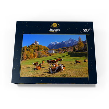 Cows on pasture with view to Tarasp Castle, Grisons, Switzerland 500 Jigsaw Puzzle box view1