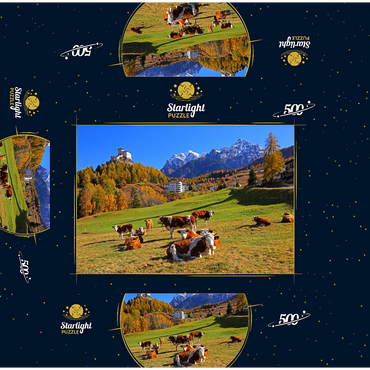 Cows on pasture with view to Tarasp Castle, Grisons, Switzerland 500 Jigsaw Puzzle box 3D Modell