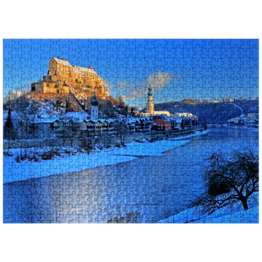 puzzleplate View over the Salzach river to the old town with castle, Heilig-Geist-Kirche and parish church St. Jakob in the morning light, Burghausen 500 Jigsaw Puzzle