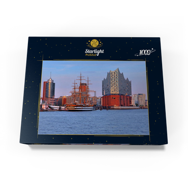 Sailing ship Amerigo Vespucci at the Überseebrücke in the harbor with Elbphilharmonie in the HafenCity, Hamburg 1000 Jigsaw Puzzle box view1