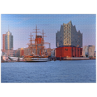 puzzleplate Sailing ship Amerigo Vespucci at the Überseebrücke in the harbor with Elbphilharmonie in the HafenCity, Hamburg 1000 Jigsaw Puzzle