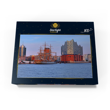 Sailing ship Amerigo Vespucci at the Überseebrücke in the harbor with Elbphilharmonie in the HafenCity, Hamburg 100 Jigsaw Puzzle box view1