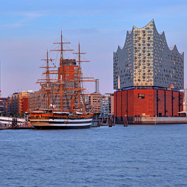 Sailing ship Amerigo Vespucci at the Überseebrücke in the harbor with Elbphilharmonie in the HafenCity, Hamburg 100 Jigsaw Puzzle 3D Modell
