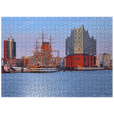 puzzleplate Sailing ship Amerigo Vespucci at the Überseebrücke in the harbor with Elbphilharmonie in the HafenCity, Hamburg 500 Jigsaw Puzzle