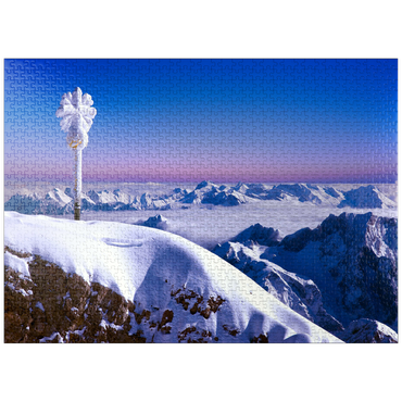 puzzleplate Zugspitze summit cross against Bavarian and Austrian Alps, Upper Bavaria, Bavaria, Germany 1000 Jigsaw Puzzle