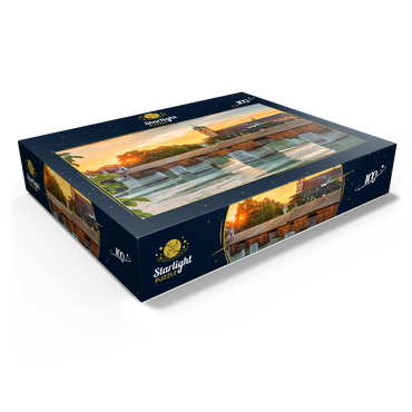Covered wooden bridge and Fridolinsmünster in Bad Säckingen at sunset 100 Jigsaw Puzzle box view1