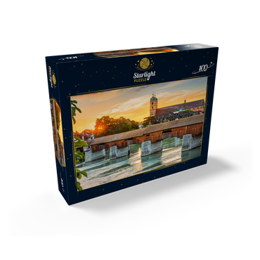 Covered wooden bridge and Fridolinsmünster in Bad Säckingen at sunset 100 Jigsaw Puzzle box view1