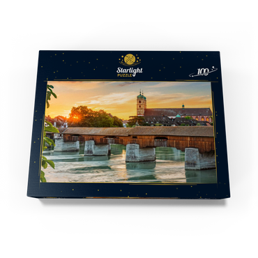 Covered wooden bridge and Fridolinsmünster in Bad Säckingen at sunset 100 Jigsaw Puzzle box view1