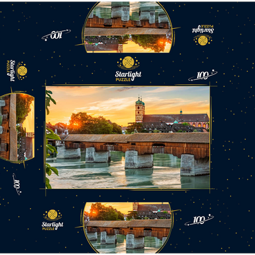 Covered wooden bridge and Fridolinsmünster in Bad Säckingen at sunset 100 Jigsaw Puzzle box 3D Modell