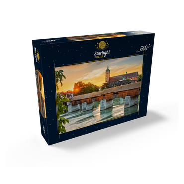 Covered wooden bridge and Fridolinsmünster in Bad Säckingen at sunset 500 Jigsaw Puzzle box view1