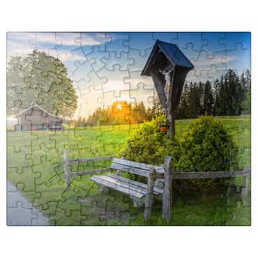 puzzleplate Cross with bench at sunset on Aidlinger Höhe 100 Jigsaw Puzzle