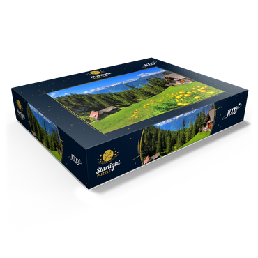 Mountain huts on the Hütteneckalm with view to the Hallstättersee and to the Dachstein (2995m) 1000 Jigsaw Puzzle box view1