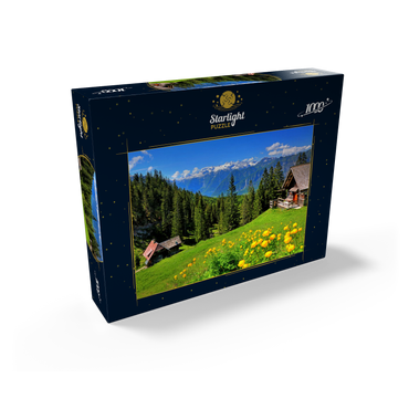 Mountain huts on the Hütteneckalm with view to the Hallstättersee and to the Dachstein (2995m) 1000 Jigsaw Puzzle box view1